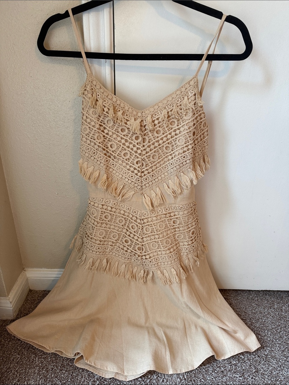 Listicle Beige Mini Dress with Crochet Fringe